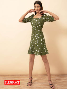 Twenty Dresses by Nykaa Fashion - Olive Floral Square Neck Mini Dress