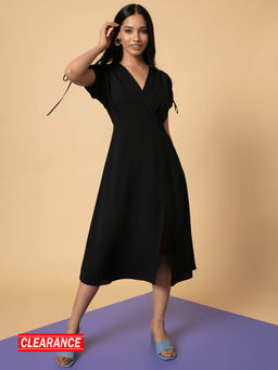 Twenty Dresses by Nykaa Fashion - Black Solid V Neck Midi Dress