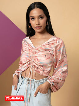 Twenty Dresses by Nykaa Fashion - Pink Printed V Neck Satin Crop Top