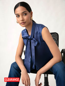 Twenty Dresses by Nykaa Fashion - Blue Solid Round Neck Tie Up Satin Top
