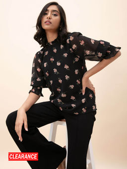Twenty Dresses by Nykaa Fashion - Black Floral High Neck Ruffle Top