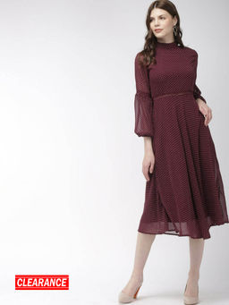 Twenty Dresses by Nykaa Fashion - Maroon Polka Dots High Neck Midi Dress