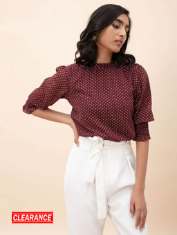 Twenty Dresses by Nykaa Fashion - Maroon Polka Dots Print High Neck Top