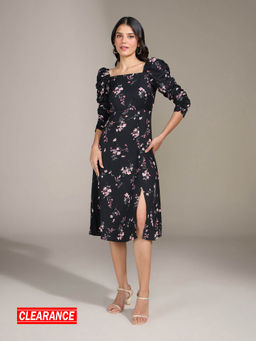 Twenty Dresses by Nykaa Fashion - Black Floral Square Neck Midi Dress