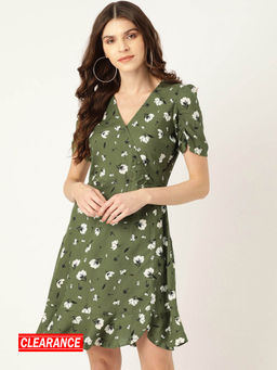 Twenty Dresses by Nykaa Fashion - Olive Floral V Neck Mini Dress