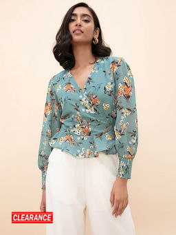 Twenty Dresses by Nykaa Fashion - Green Floral Print V Neck Wrap Top
