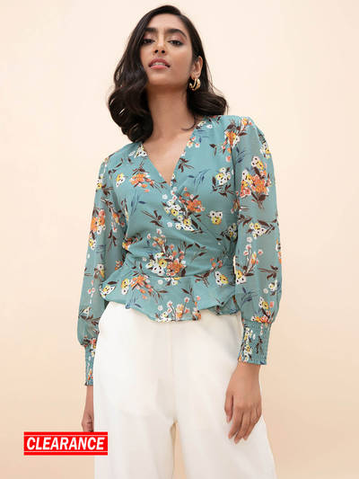 Green Floral Print V Neck Wrap Top