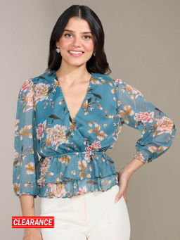 Twenty Dresses by Nykaa Fashion - Steel Blue Ruffle Floral Print V Neck Wrap Top
