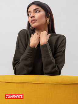 Twenty Dresses by Nykaa Fashion - Olive Solid Crew Neck Sweater Top
