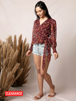 Twenty Dresses by Nykaa Fashion - Maroon Floral Print V Neck Top