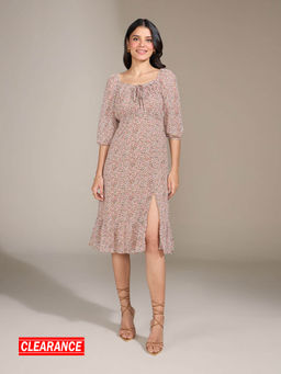 Twenty Dresses by Nykaa Fashion - Beige Floral Scoop Neck Midi Dress