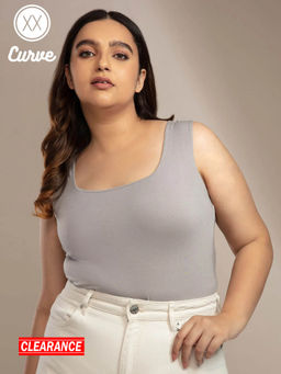 Twenty Dresses by Nykaa Fashion - Curve Light Grey Solid Square Neck Basics T Shirt