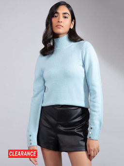 Twenty Dresses by Nykaa Fashion - Blue Solid Round Neck Full Sleeves Sweater Top