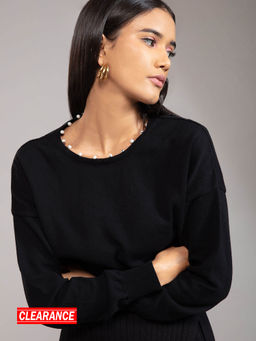Twenty Dresses by Nykaa Fashion - Black Solid Round Neck Batwing Sleeves Sweater Top