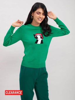 Twenty Dresses by Nykaa Fashion - Green Embroidered Round Neck Full Sleeves Sweater Top