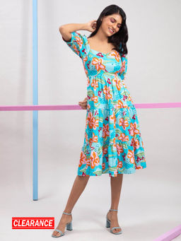 Twenty Dresses by Nykaa Fashion - Blue Printed Sweetheart Midi Dress
