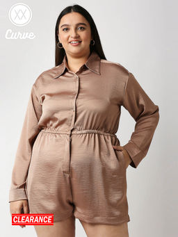 Twenty Dresses by Nykaa Fashion - Curve Brown Solid Collar Neck Playsuit