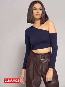 Twenty Dresses by Nykaa Fashion - Blue Solid One Shoulder Crop Top