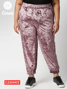 Twenty Dresses by Nykaa Fashion - Curve Purple Embellished Ankle Velvet Joggers