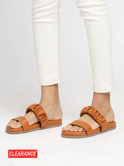 Twenty Dresses by Nykaa Fashion - Tan Round Toe Ruched Straps Sliders
