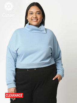 Twenty Dresses by Nykaa Fashion - Curve Blue Solid High Neck Basics Sweatshirt
