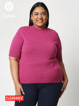 Twenty Dresses by Nykaa Fashion - Curve Pink Solid Crew Neck Sweater
