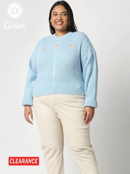 Twenty Dresses by Nykaa Fashion - Curve Blue Embroidered Crew Neck Sweater