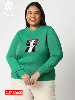 Twenty Dresses by Nykaa Fashion - Curve Green Woven Emboiidered Crew Neck Sweater