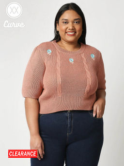 Twenty Dresses by Nykaa Fashion - Curve Pink Embroidered Scoop Neck Half Sleeves Sweater Top