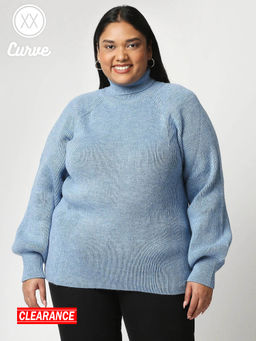Twenty Dresses by Nykaa Fashion - Curve Blue Solid Turtle Neck Ranglan Sleeves Sweater