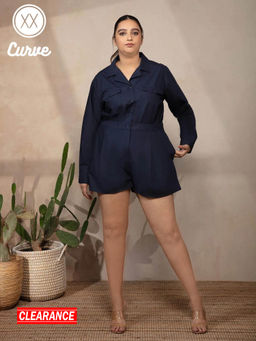 Twenty Dresses by Nykaa Fashion - Curve Navy Blue Solid Mandarin Neck Playsuit