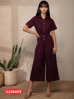 Twenty Dresses by Nykaa Fashion - Wine Solid Collar Neck Jumpsuit