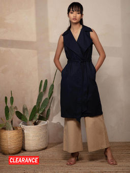 Twenty Dresses by Nykaa Fashion - Navy Blue Solid Notched Lapel Jackets With Belt