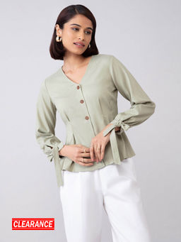 Twenty Dresses by Nykaa Fashion - Work Green Solid V Neck Top