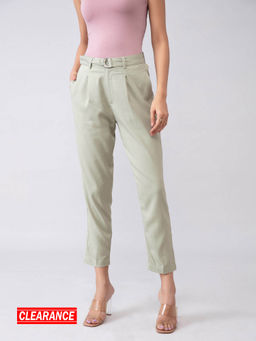Twenty Dresses by Nykaa Fashion - Work Green Solid Cropped Pants With Belt