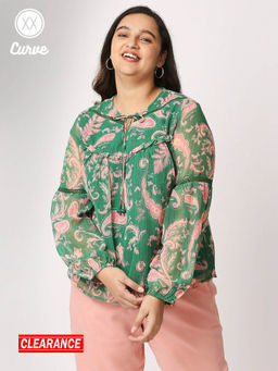 Twenty Dresses by Nykaa Fashion - Curve Green Printed Round Neck Top