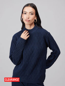 Twenty Dresses by Nykaa Fashion - Navy Blue Solid High Neck Sweater