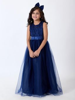 Hopscotch - Girls Blue Sleeveless Solid Gown with Headband
