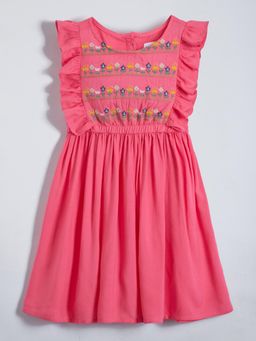 Hopscotch - Girls Pink Floral Embroidered Sleeveless Casual Knee Length Dress