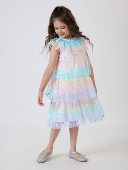 Hopscotch - Girls Multi Coloured Star Print Tiered Party Knee Length Dress
