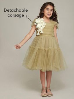 Hopscotch - Floral Applique Party Knee Length Dress with Bow & Brooch Hair Clip