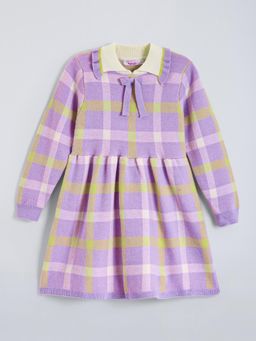 Hopscotch - Plaid Bow Collar Long Sleeve Knee Length Dress
