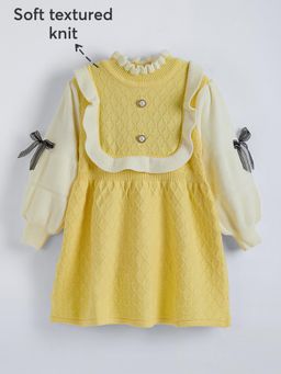 Hopscotch - Textured Casual Knee Length Dress with Bow Applique