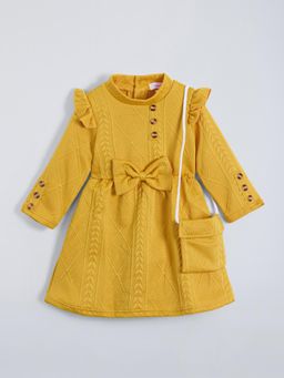 Hopscotch - Textured Full-Sleeve Casual Knee Length Dress with Bag