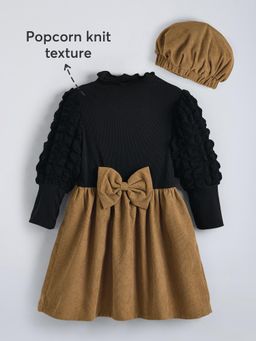 Hopscotch - Bow Applique Textured Casual Knee Length Dress with Cap