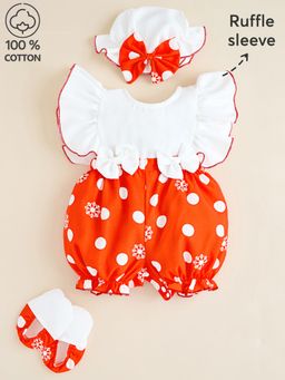 Hopscotch - Pure Cotton Polka Dot Jumpsuit with Hat & Booties