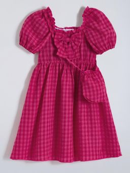 Hopscotch - Puff Sleeve Casual Knee Length Dress with Handbag