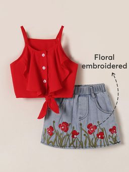 Hopscotch - Tie-Front Floral Embroidered Skirt With Cropped Top