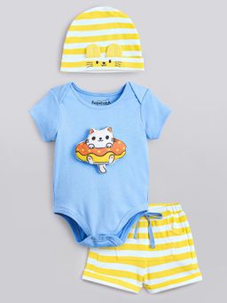 Hopscotch - Striped Cotton Shorts with Onesie & Cap