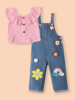 Hopscotch - Floral Print Top and Denim Dungaree